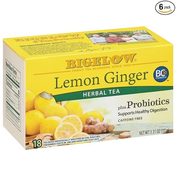 Bigelow Lemon Ginger with Probiotics, 18 Count Box, Pack of 6 Boxes, 108 Tea bags Total