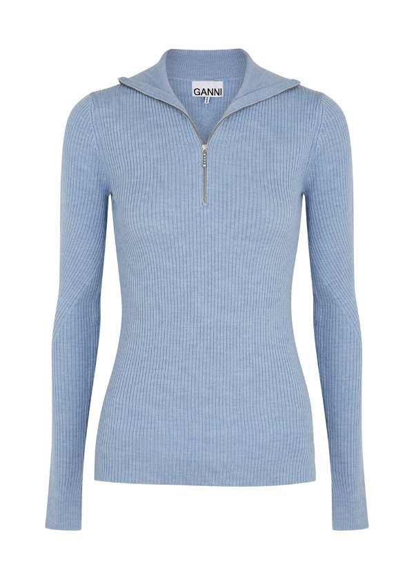 Blue half-zip ribbed-knit wool top