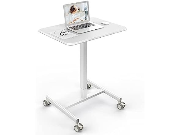 Dumos Small Adjustable Standing Laptop Desk Height from 28.5“ to 42.7" Rolling Standing Desk for Working, Meeting, Teaching, Speeching, White