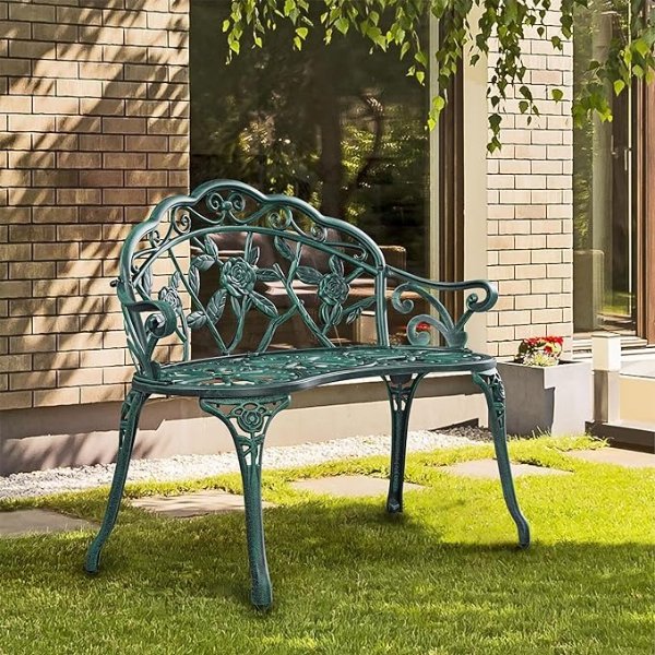 Outdoor Patio Garden Bench, Metal Park Bench Outdoor Benches, Aluminium Bench Floral Rose Accented Antique Lawn Front Porch Path Benches Loveseat for Porch, Lawn, Balcony, Backyard, Green