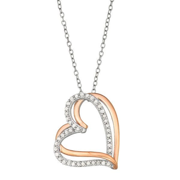 Two Tone Sterling Silver 1/4 Carat T.W. Diamond Interlocking Heart Pendant Necklace