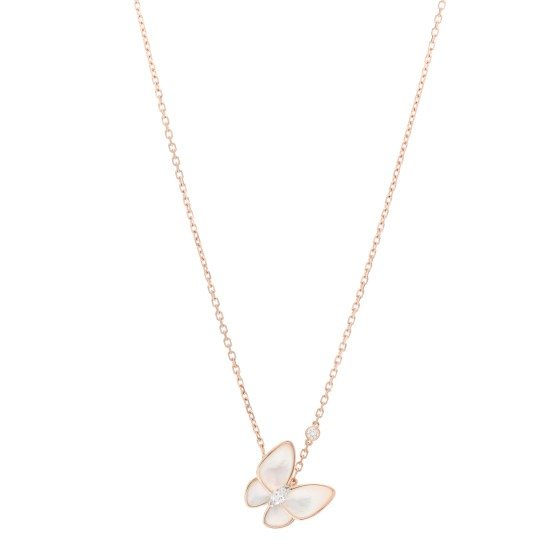 18K Rose Gold Diamond Mother of Pearl Two Butterfly Pendant Necklace | FASHIONPHILE