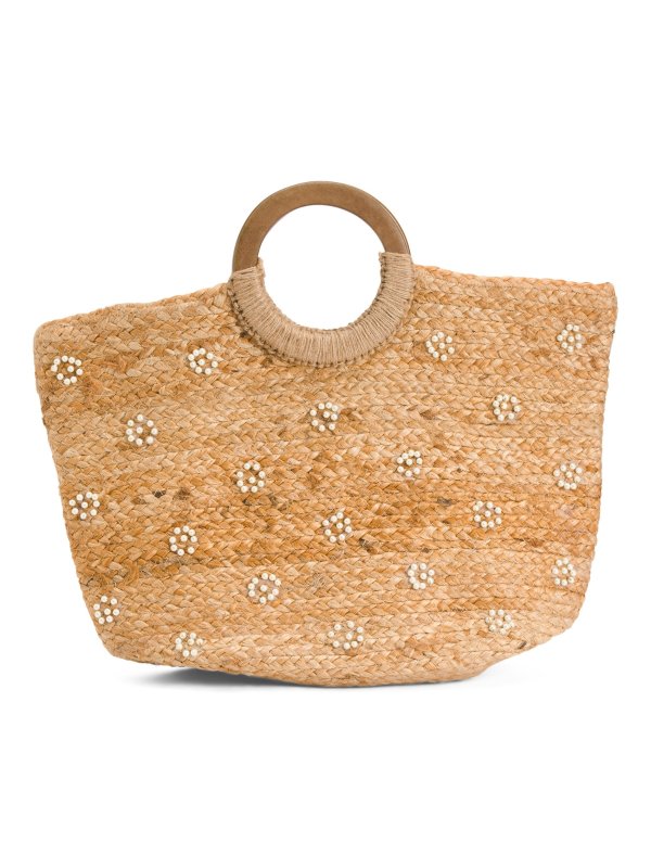 Jute Tote With Pearl Flowers