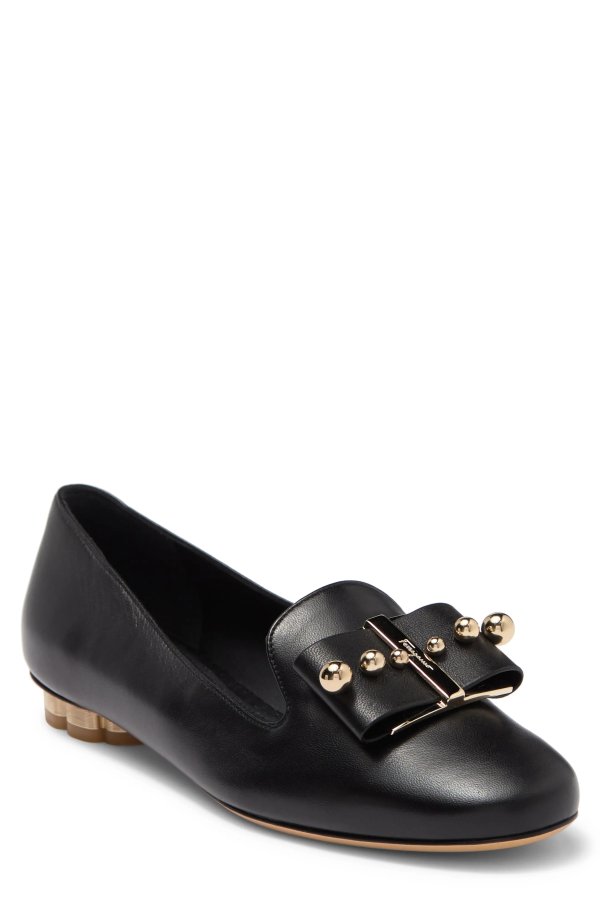 Studded Bow Leather Loafer Flat