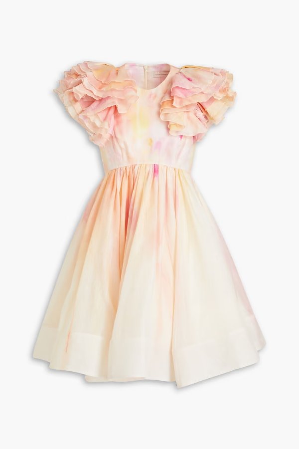 Ruffled tie-dyed linen and silk-blend mini dress