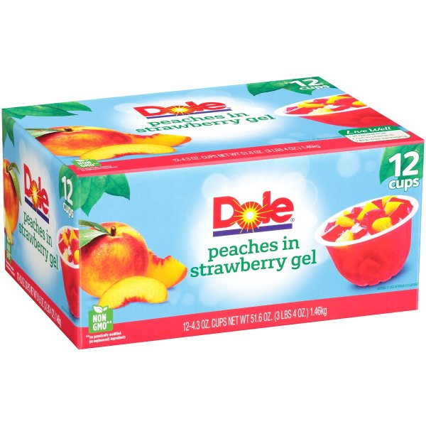 (24 Cups) Dole Fruit Bowls Peaches in Strawberry Gel, 4.3 oz cups