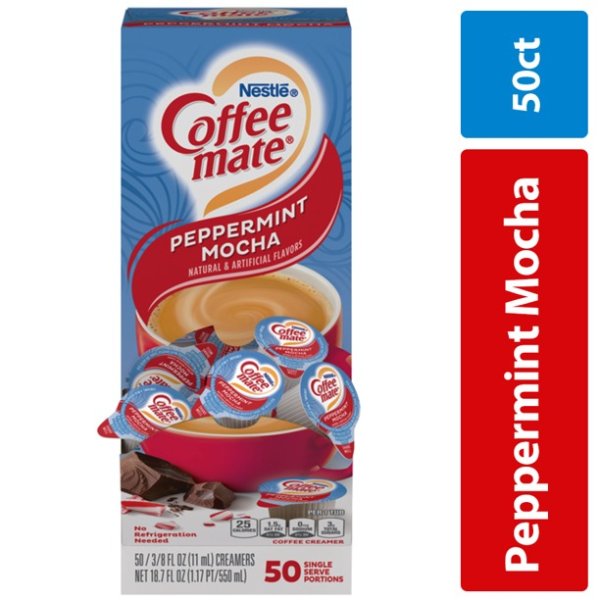 Coffee Mate Peppermint Mocha Liquid Coffee Creamer Singles, Lactose-Free Creamer, 0.375 Fl Oz, 50 Ct
