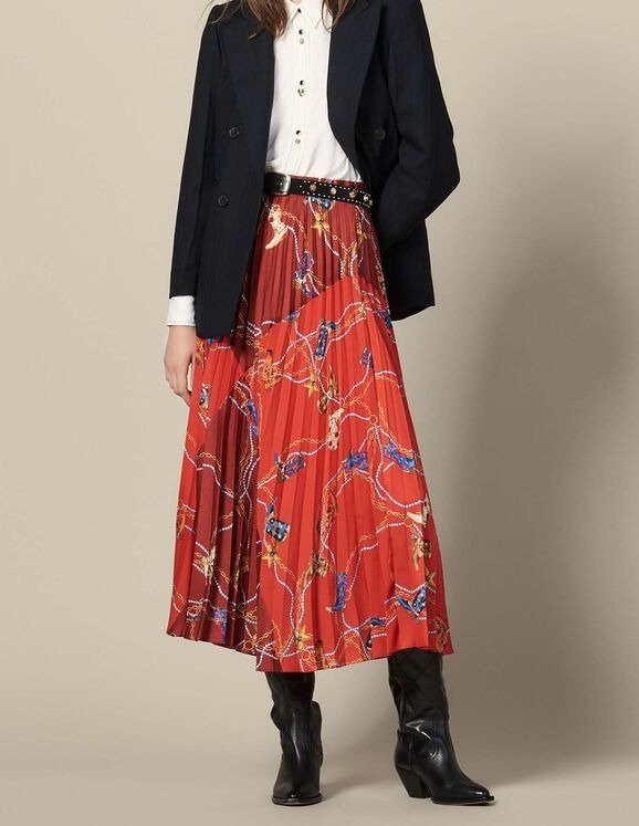 Printed long skirt with pleats