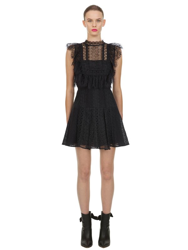 Black Lace Panel Flare Mini Dress