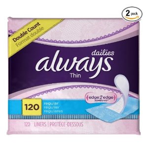 Always Thin Dailies Unscented Wrapped Liners, Regular, 120 Count (Pack of 2)