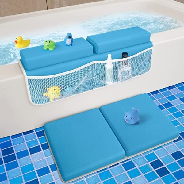 Baby Bath Kneeler and Elbow Rest Pad for Baby Bathing Parents , Painless Foam Mat with Toy Organizer Pockets Support Large Bathtub, Quick Drying, Non-Slip for Baby and Toddler Bathing (Blue)