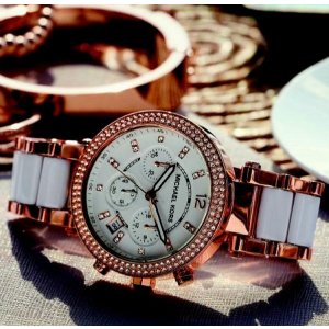 Michael Kors Parker Chronograph White Dial Rose Gold-tone and White Acetate Ladies Watch MK5774
