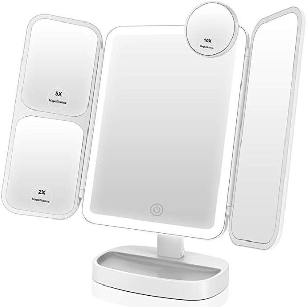 Makeup Vanity Mirror with 1000LUX Bright LEDs Soft Natural 1X/2X/5X/10X Magnifying Ultra-Thin Stable Base Portable 180 and 90 Rotation Touch Screen Dual Power Supply Upgraded Version III