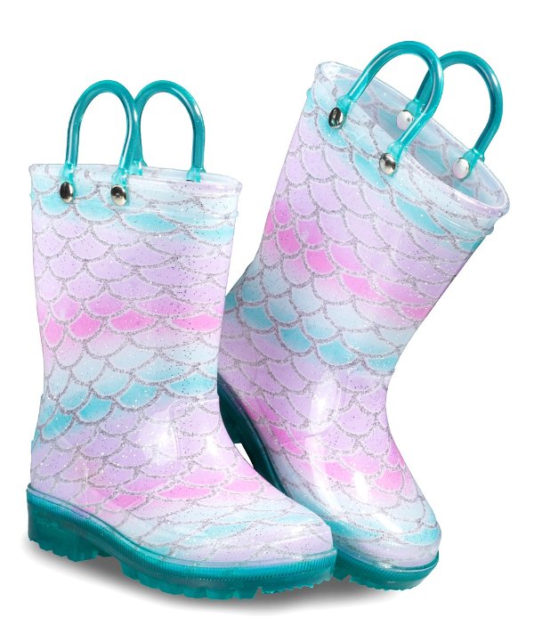 Pink & Teal Glitter Mermaid Light-Up Rain Boot - Girls