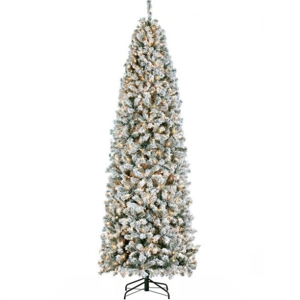 9ft Prelit Snow Flocked Pencil Artificial Christmas Tree Holiday Decoration Hinged Spruce with Warm Lights and Foldable Stand, Green