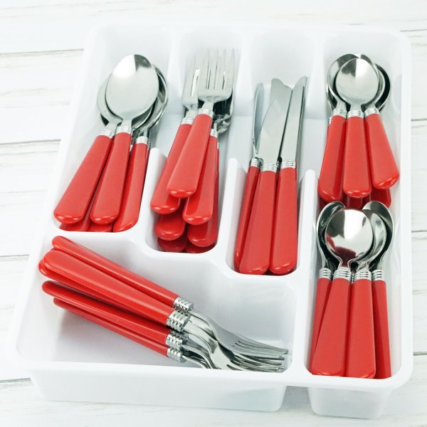 Red Flatware Set, 48 Piece Stainless Steel & Plastic