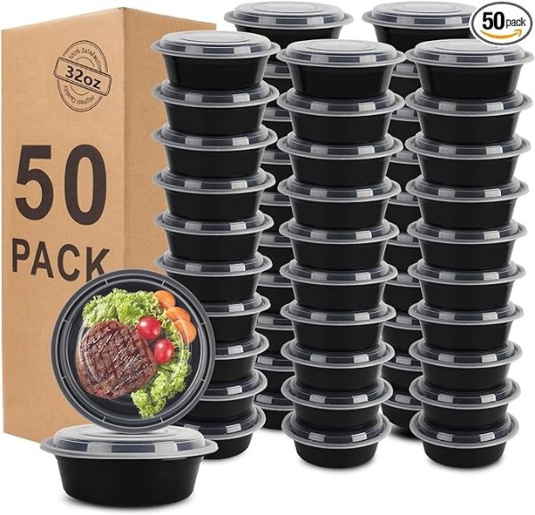 WGCC Meal Prep Containers with Lids - 50Pack 32OZ Meal Prep Bowls, Disposable Food Prep Containers, Round To Go Containers with Lids, BPA-Free, Freezer & Dishwasher Safe