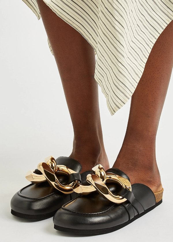 Black chain-embellished leather mules