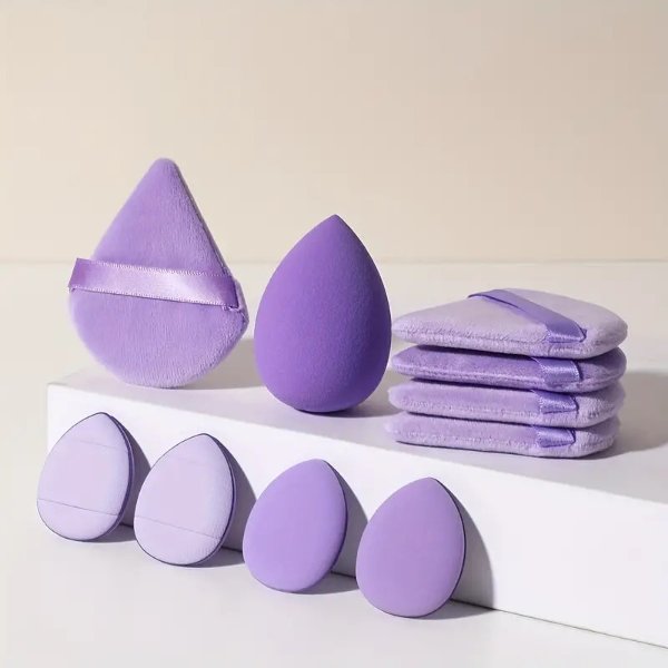 10pcs Flawless Purple Makeup Sponge Set - Includes 4 Finger Puffs, 5 Triangle Powder Puffs, and 1 Makeup Sponge - Ideal for Liquid, Powder, and Cream Makeup - Perfect for Beginner Artists and Professional Makeup Artists