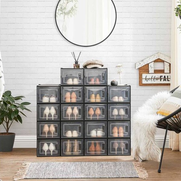 Pack of 18 Black Stackable Shoe Storage Boxes