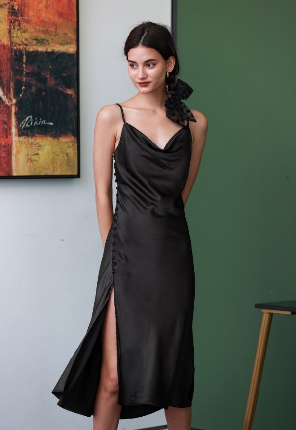 Elegant Side-Split Silky Dress (Black)