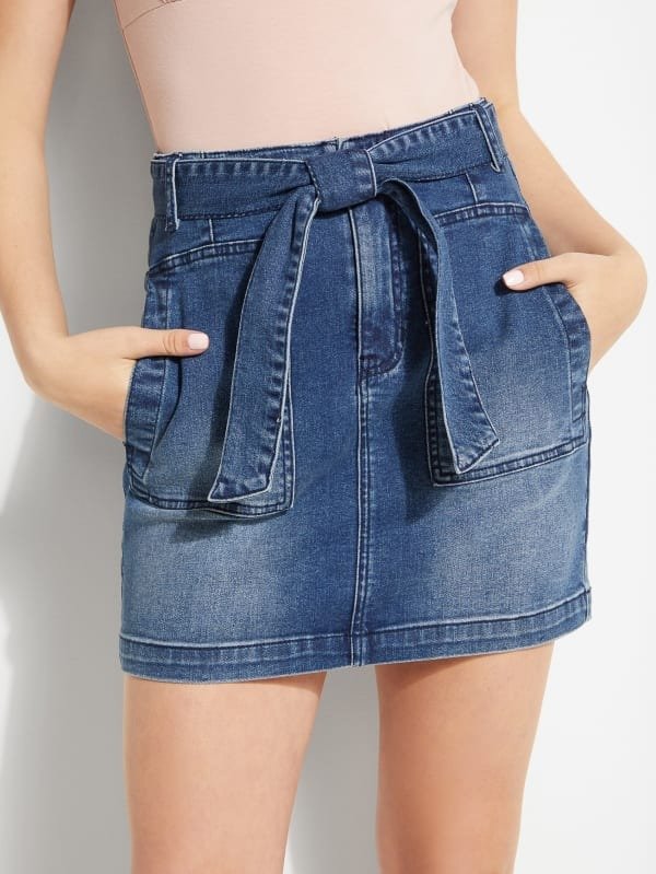 Belted Denim Mini Skirt at Guess
