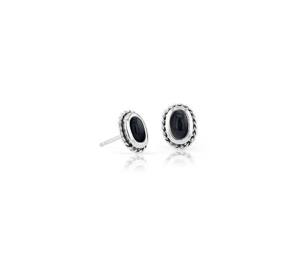 Petite Black Onyx Studs with Rope Halo in Sterling Silver (5x3mm) | Blue Nile