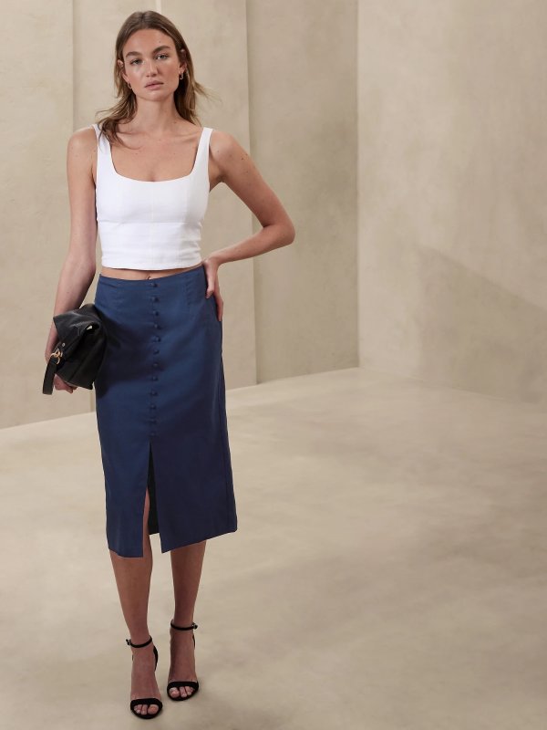 Linen-Cotton Button Midi Skirt