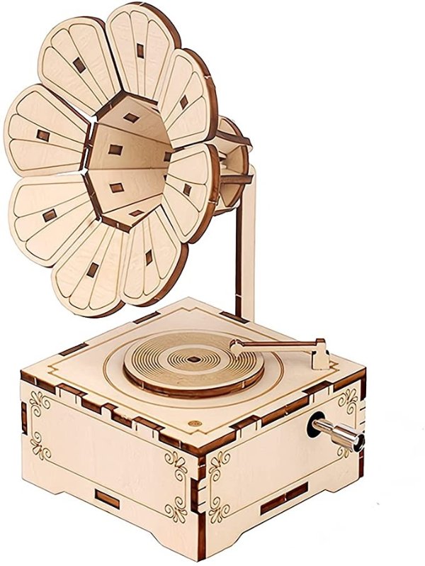 LRIGYEH DIY Music Box 3D Wooden Puzzle Model Kit - Gramophone, Hand Crank Engraved Musical Box, Brain Teaser and Educational STEM Building DIY Kits (Gramophone)