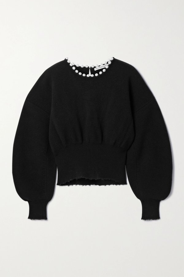 Faux pearl-embellished distressed wool-blend sweater