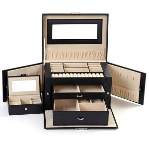 ABO Gear Box Jewelry Case Jewlery Organizers Storage with Lock, Black/Beige Pu Leather