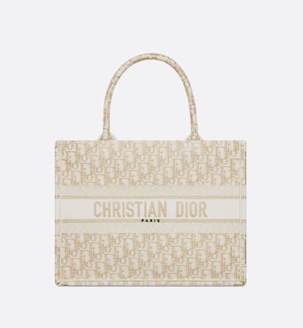Medium Dior Book Tote White and Gold-Tone Dior Oblique Embroidery (36 x 27.5 x 16.5 cm)