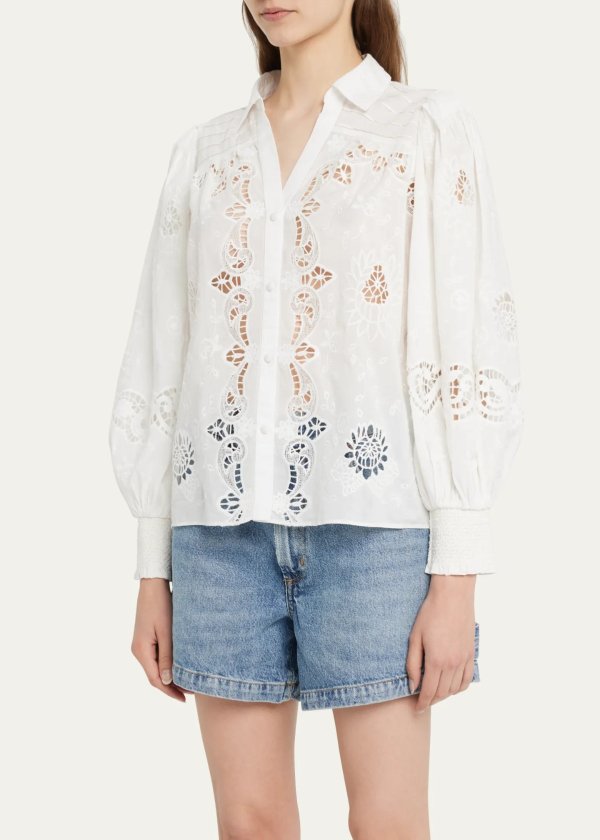 Venty Embroidered Puff-Sleeve Blouse