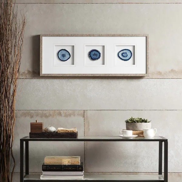 Madison Park Blue Agate Trio Blue Real Stone Framed Glass and Double Matted Wall Art