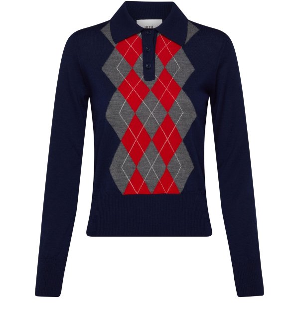 Argyle sweater with button collar