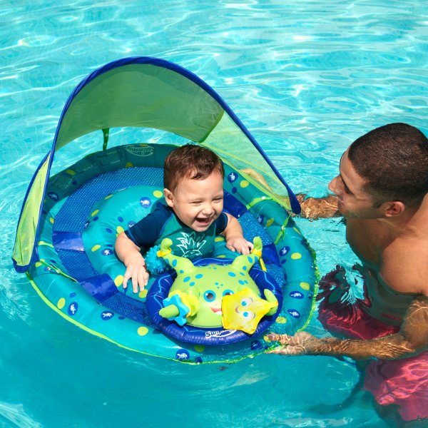 Baby Spring Float Activity Center with Canopy - Inflatable Float for Children with Interactive Toys and UPF Sun Protection - Blue/Green Octopus