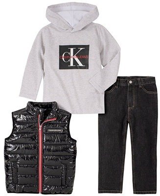 Little Boys Nylon Vest with Hooded Long Sleeve Tee and Denim Pant, 3 Piece Set
