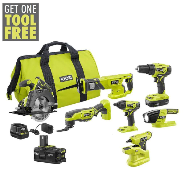 RYOBI ONE+ 18V Cordless 6-Tool Combo Kit with (2) Batteries, Charger, Bag with Compact Glue Gun