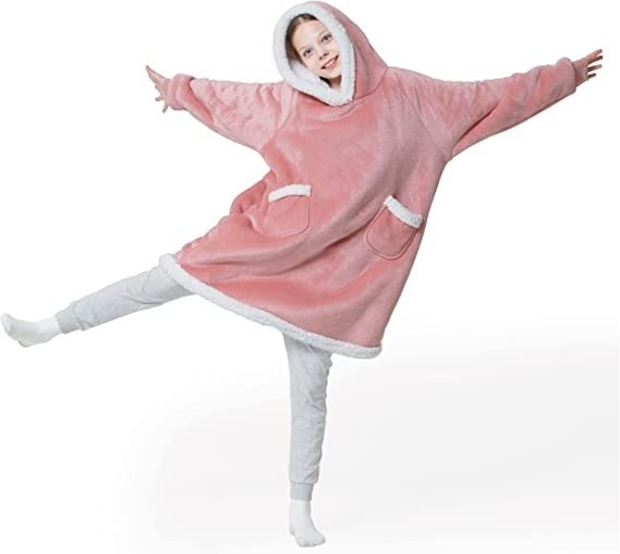 Wearable Blanket Hoodie for Kid - Sherpa Fleece Hooded Blanket for Teens as A Gift, Warm & Cozy Blanket Sweatshirt with Giant Pocket both Indoors and Outdoors (Kids, Pink)
