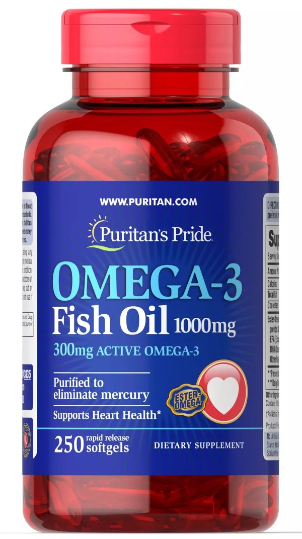 Omega-3 Fish Oil 1000 mg (300 mg Active Omega-3) 250 Softgels | Heart Health Supplements | Puritan's Pride
