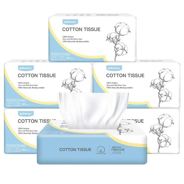 25% Thicker Biodegradable Face Towel, OEKO-Tex Safety Certified Chemical-Free Unscented, 100% Cotton Facial Towels Disposable Cotton Tissues for Washing Face, pack of 6, Total 480 sheets