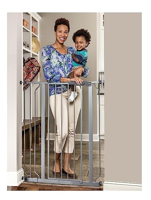 Easy Step Extra Tall Walk Thru Baby Gate, Bonus Kit, Includes 4-Inch Extension Kit, 4 Pack of Pressure Mount Kit and 4 Pack of Wall Mount Kit, Platinum