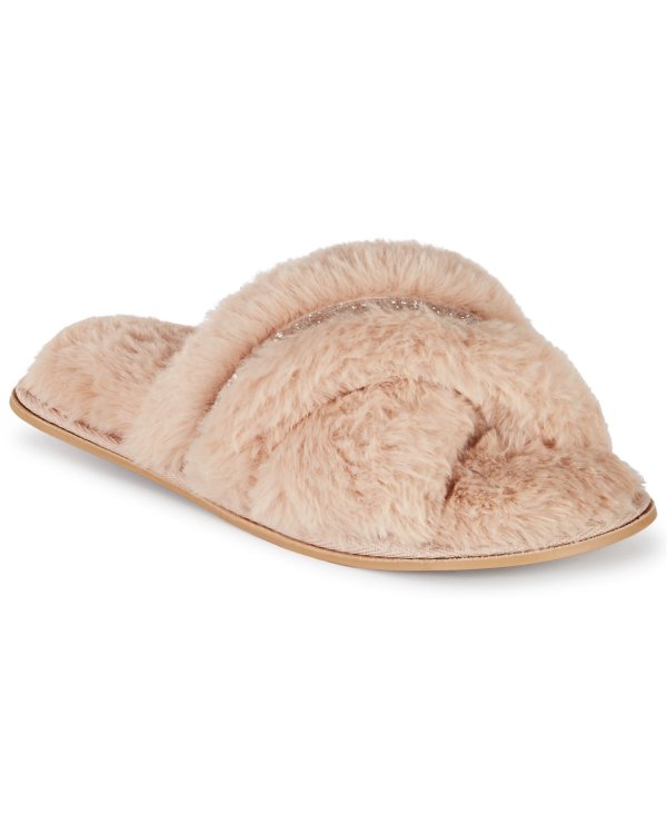INC Women's Faux-Fur Crossband Slippers, Created for Macy's