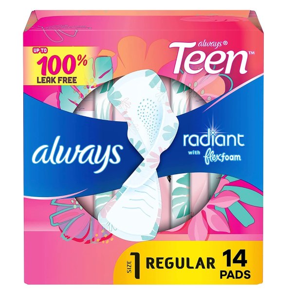 Always Radiant Teen Feminine Pads For Women, Size 1