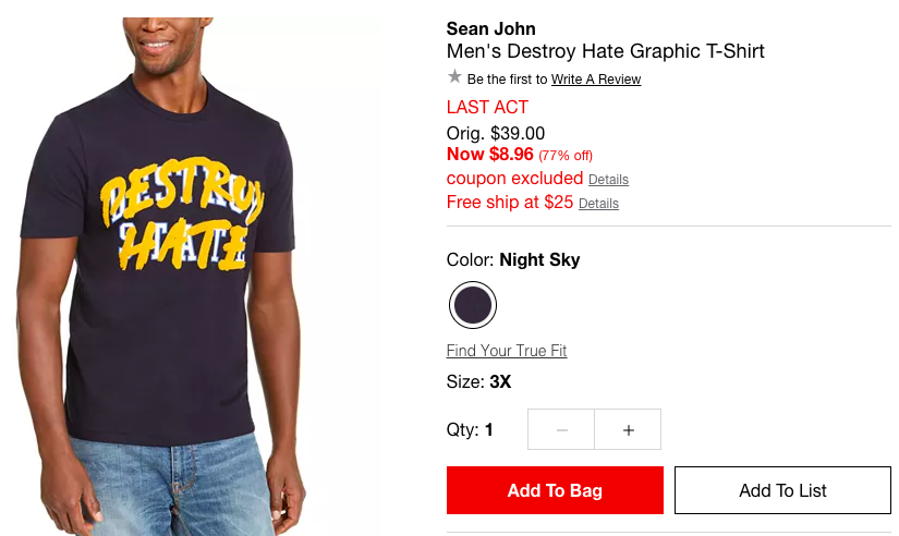 Sean John Men's Destroy Hate Graphic T-Shirt男士T恤