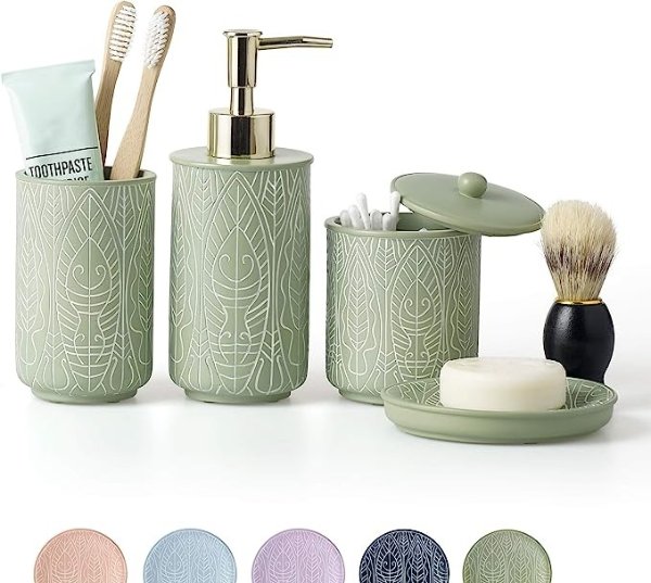 Premium Pastel Green Bathroom Accessories Set, Green, Boho Decor. Accesorios para Banos. New Apartment Essentials. Green Toothbrush Holder and Soap Dispenser.