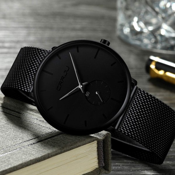 Men Business Slim Analog Quartz Watch,Date Black Dial Wrist Watch with Mesh Bracelet Strap