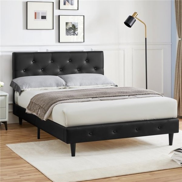 Faux Leather Upholstered Platform Bed with Button Tufted Headboard&Footboard, Full, Black