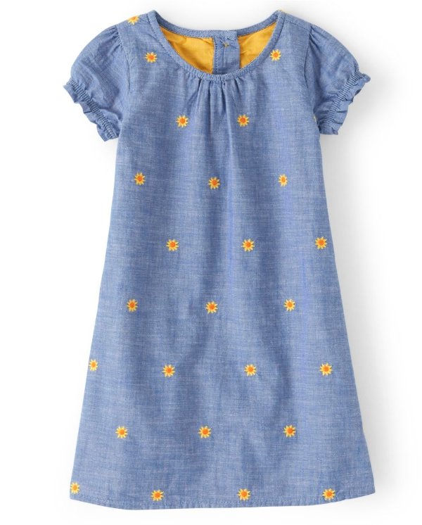 Girls Short Sleeve Embroidered Sunflower Print Chambray Shift Dress - Harvest