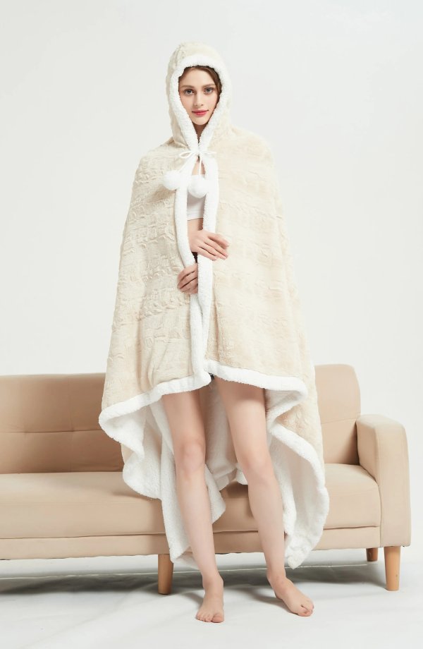 Lanting Animal Pattern Faux Shearling Lined Hooded Snuggle Wearable Blanket - Beige